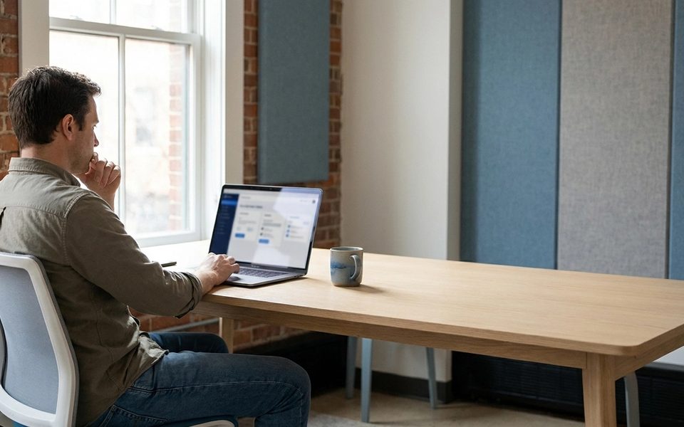 Solo SaaS founder at a desk reviewing product work on a laptop, illustrating a hiring decision between freelancer, agency, and product engineer