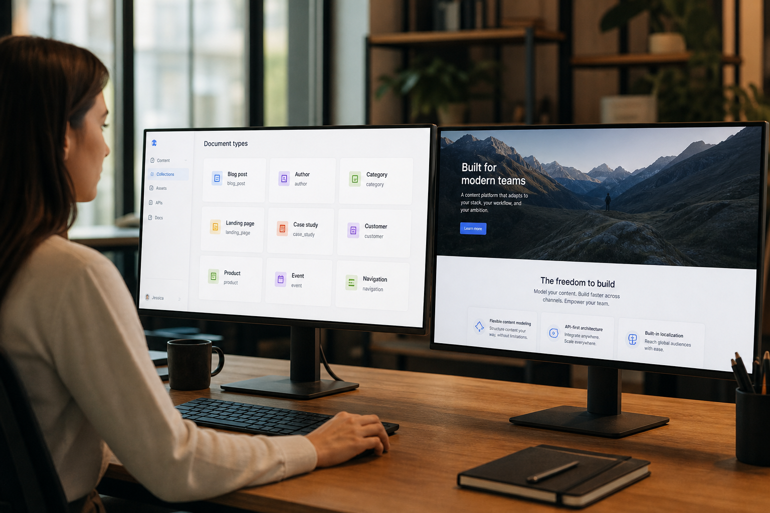 Structured content cards connected to a website preview on a dark desk