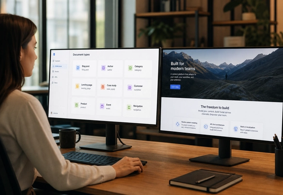 Structured content cards connected to a website preview on a dark desk