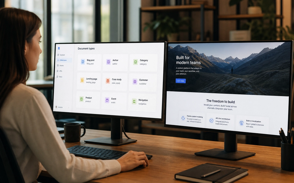 Structured content cards connected to a website preview on a dark desk