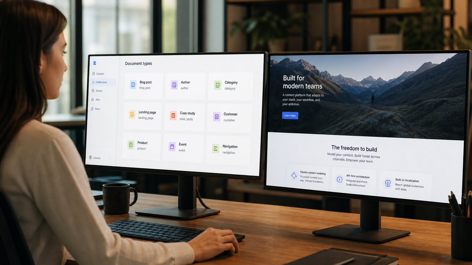 Structured content cards connected to a website preview on a dark desk