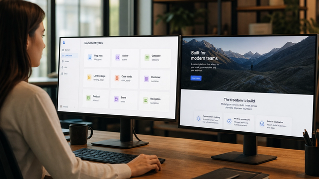 Structured content cards connected to a website preview on a dark desk