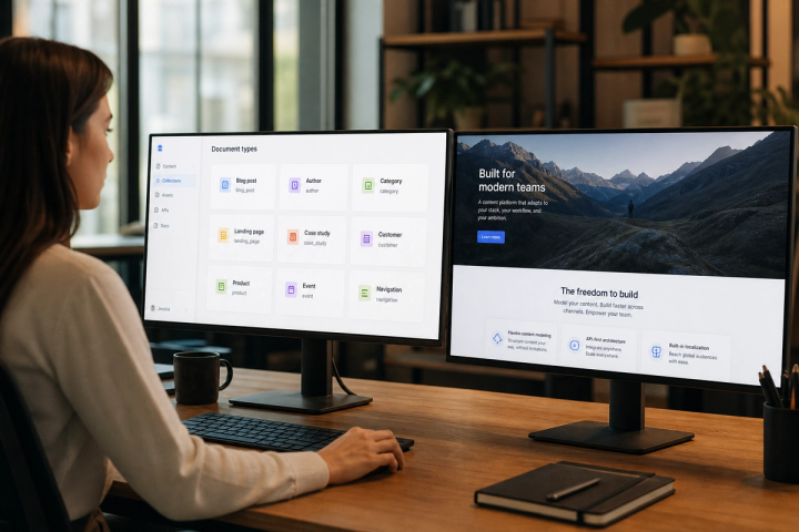 Structured content cards connected to a website preview on a dark desk