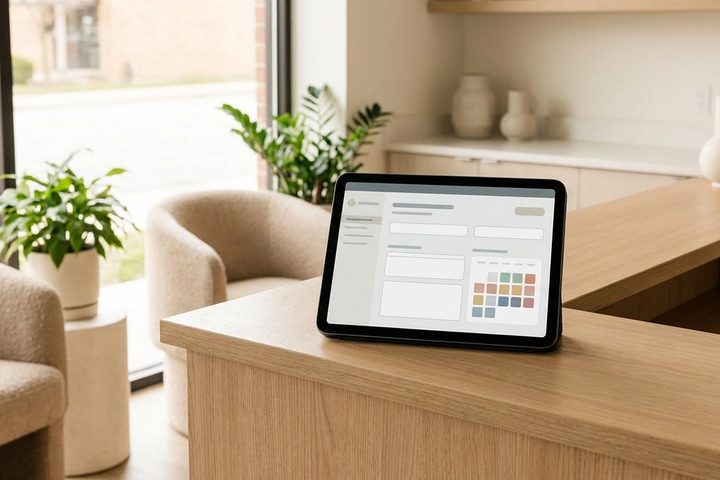 A tablet at a wellness practice front desk showing a clean digital intake form and appointment calendar, warm natural light, minimalist decor