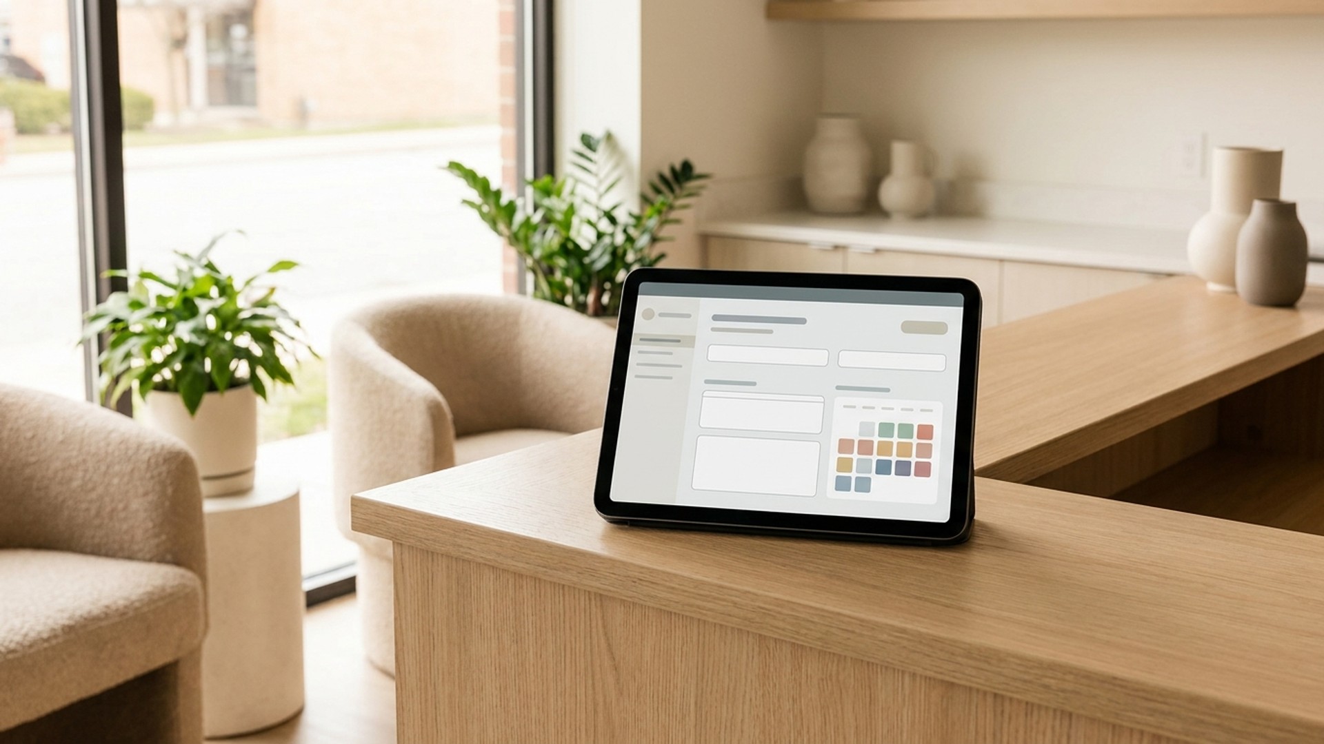 A tablet at a wellness practice front desk showing a clean digital intake form and appointment calendar, warm natural light, minimalist decor