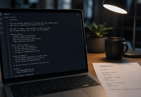 Plain text file named llms.txt open in an editor beside a Google Search documentation page