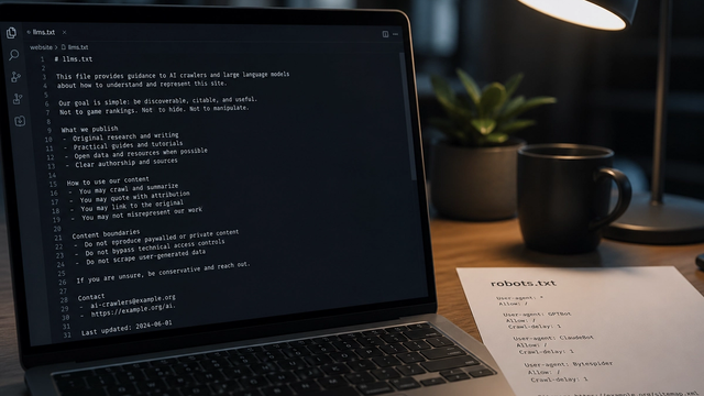 Plain text file named llms.txt open in an editor beside a Google Search documentation page