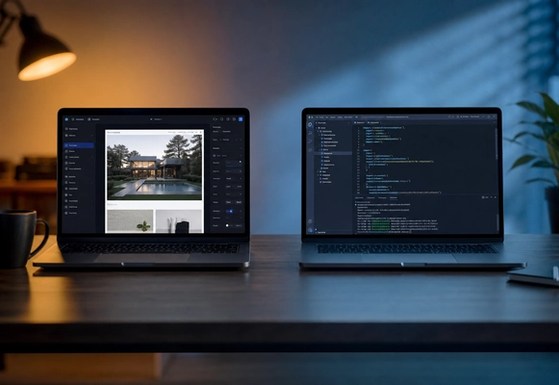 Framer canvas on one screen and a Next.js code editor with Sanity studio on another