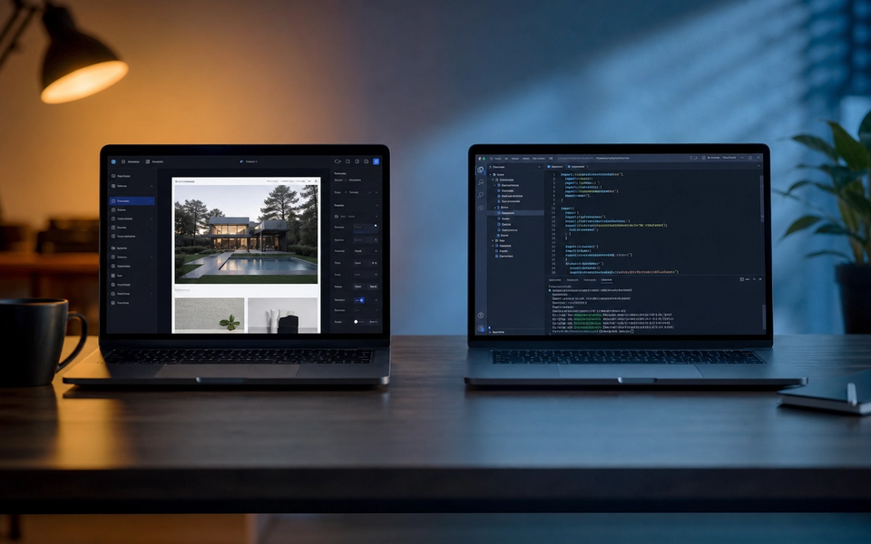 Framer canvas on one screen and a Next.js code editor with Sanity studio on another