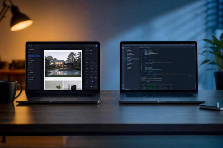 Framer canvas on one screen and a Next.js code editor with Sanity studio on another