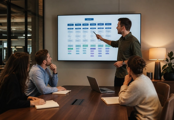 Whiteboard showing a buying committee map and sitemap boxes before any website mockup