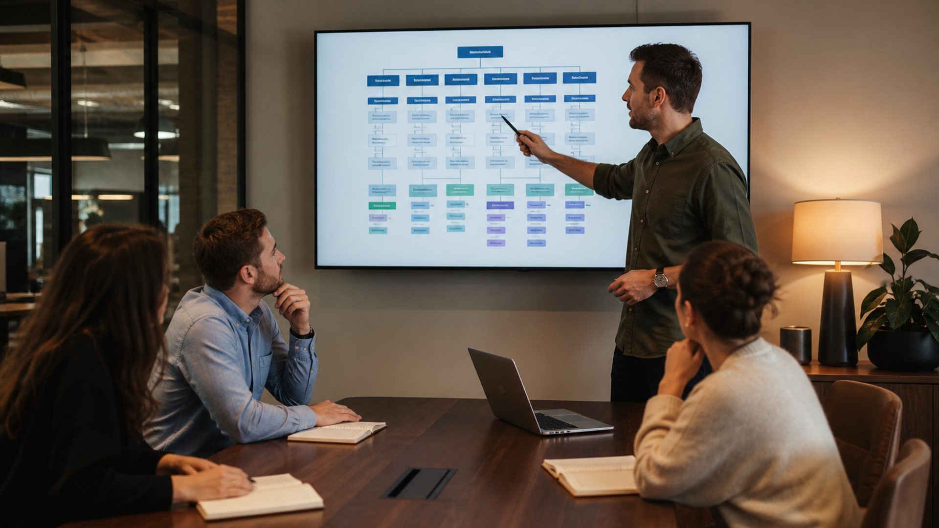 Whiteboard showing a buying committee map and sitemap boxes before any website mockup