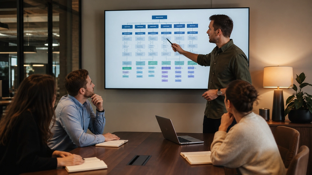 Whiteboard showing a buying committee map and sitemap boxes before any website mockup
