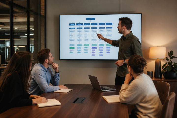 Whiteboard showing a buying committee map and sitemap boxes before any website mockup