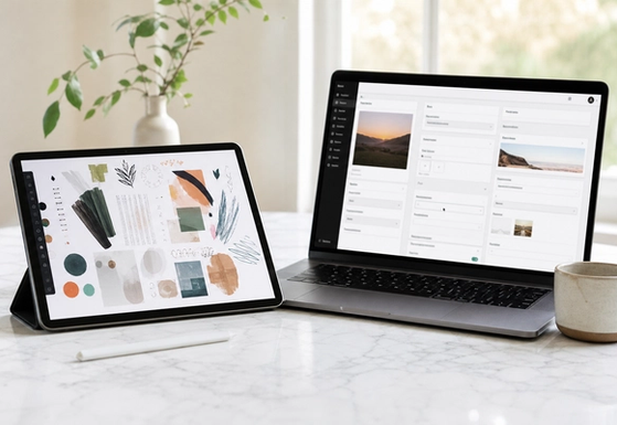 Tablet showing a freeform design canvas beside a laptop with a structured CMS dashboard