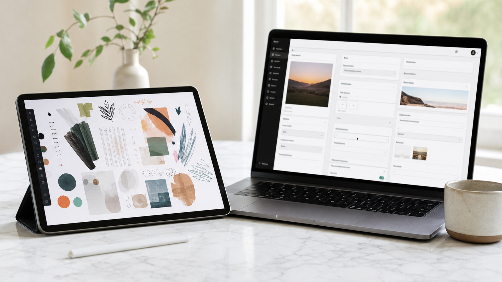 Tablet showing a freeform design canvas beside a laptop with a structured CMS dashboard