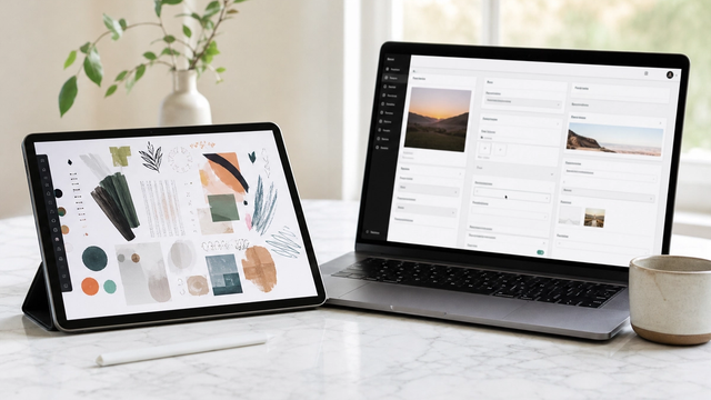 Tablet showing a freeform design canvas beside a laptop with a structured CMS dashboard