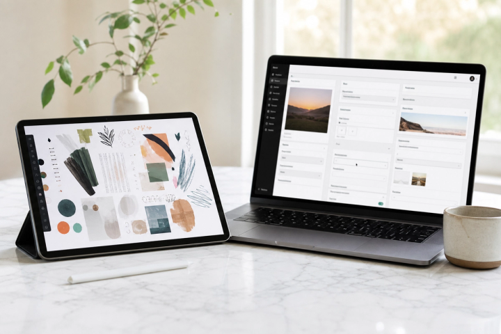 Tablet showing a freeform design canvas beside a laptop with a structured CMS dashboard