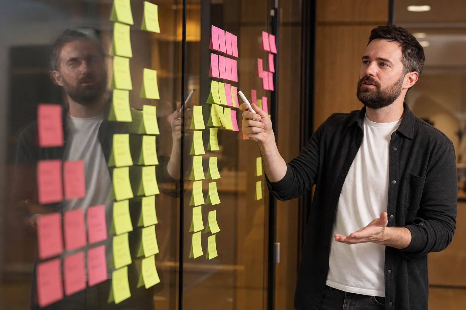 Consultant and founder reviewing a site map and content model on paper beside a laptop