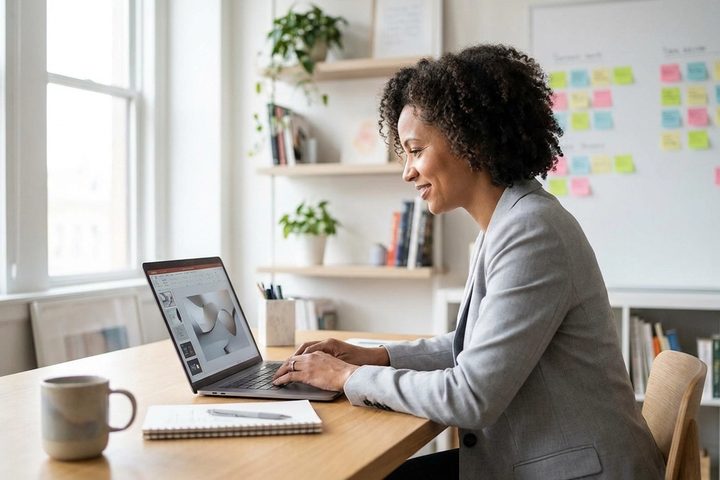 Agency owner reviewing a client AI project plan in a creative studio
