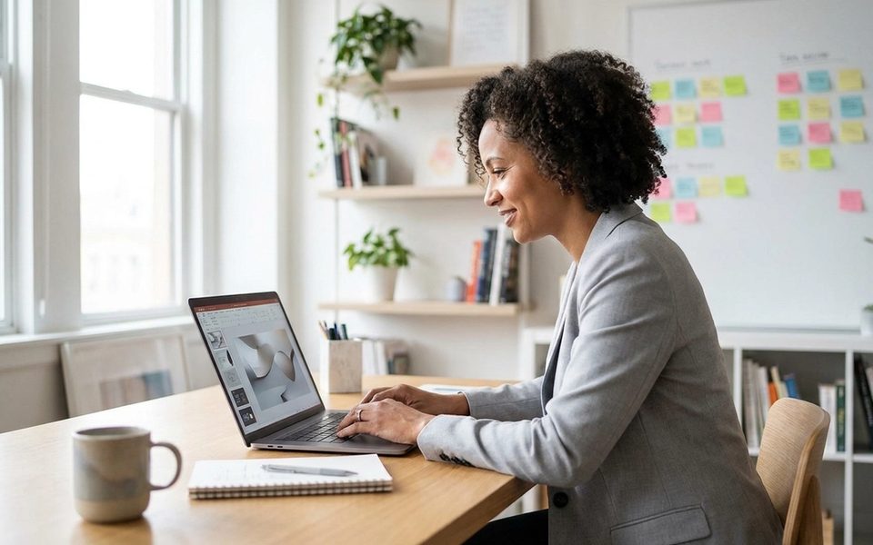 Agency owner reviewing a client AI project plan in a creative studio