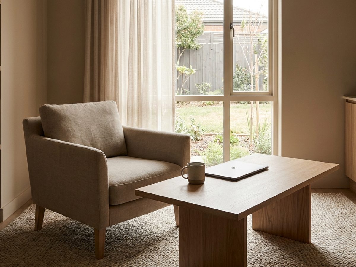 Quiet modern clinic consultation room with an empty chair and closed laptop in daylight