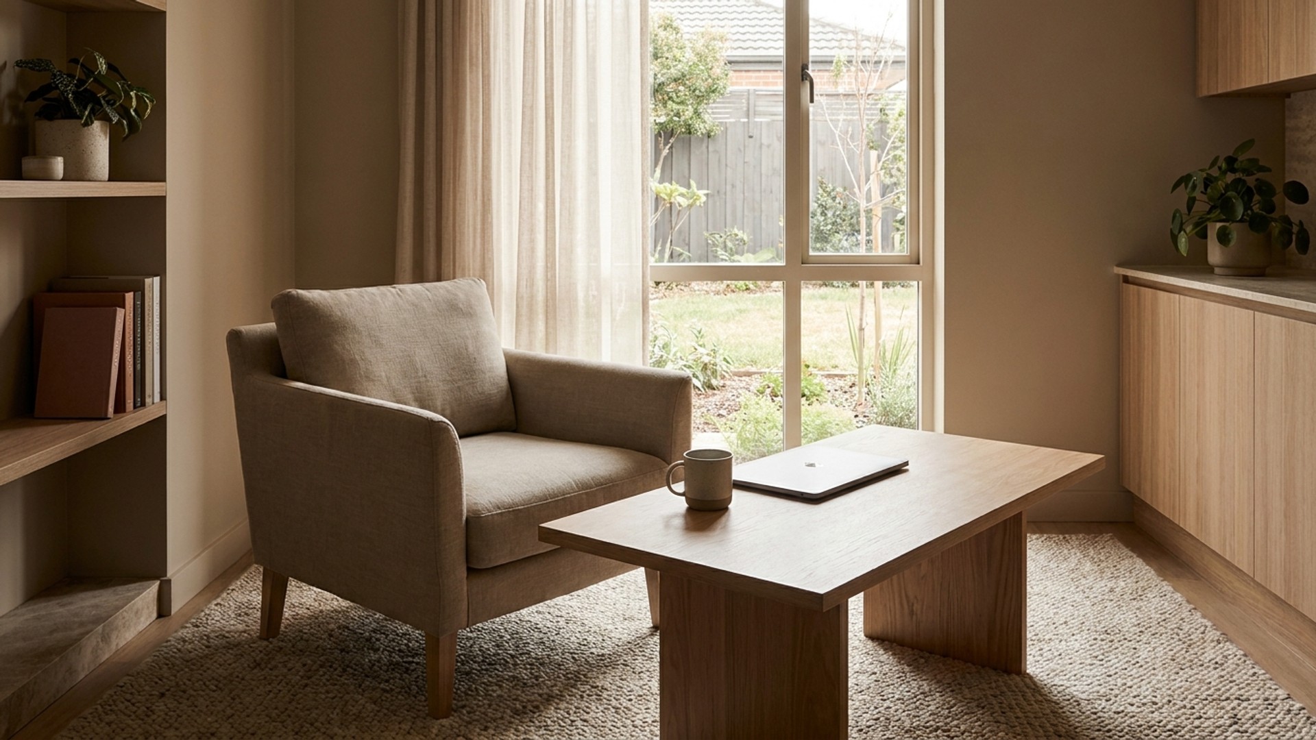 Quiet modern clinic consultation room with an empty chair and closed laptop in daylight