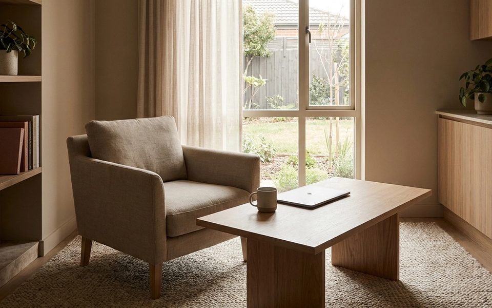Quiet modern clinic consultation room with an empty chair and closed laptop in daylight