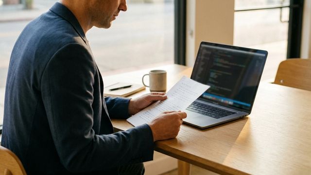 Founder reviewing a productionize statement of work at a laptop in natural window light
