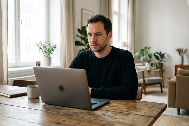 Founder at a laptop in natural window light reviewing a live app, no readable screen data