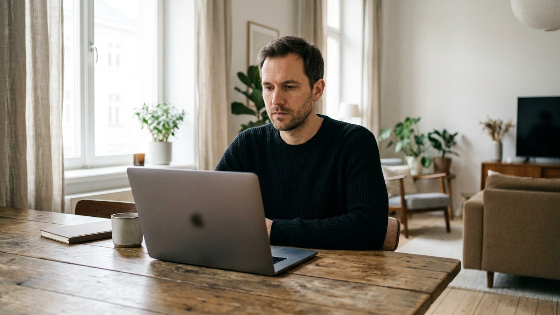Founder at a laptop in natural window light reviewing a live app, no readable screen data