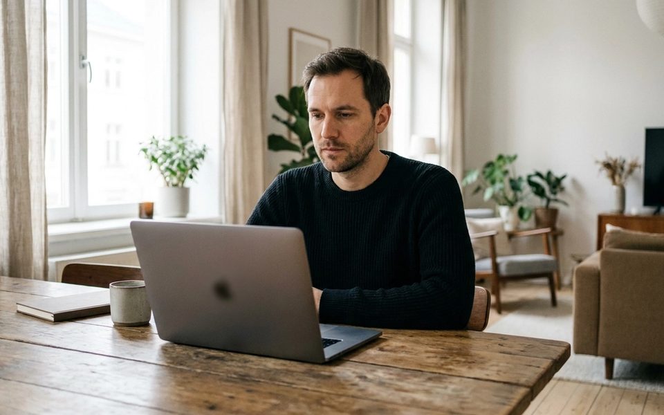 Founder at a laptop in natural window light reviewing a live app, no readable screen data