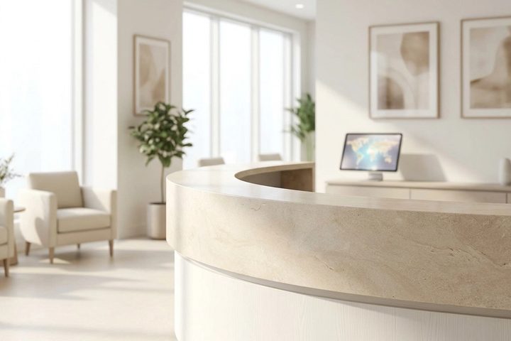 Clean modern MedSpa reception desk with a tablet showing a map interface in the background
