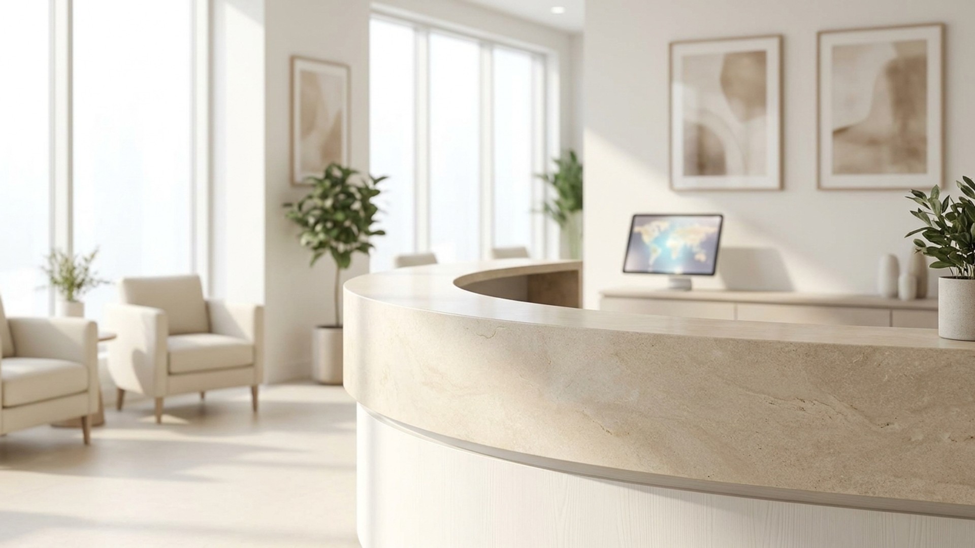 Clean modern MedSpa reception desk with a tablet showing a map interface in the background