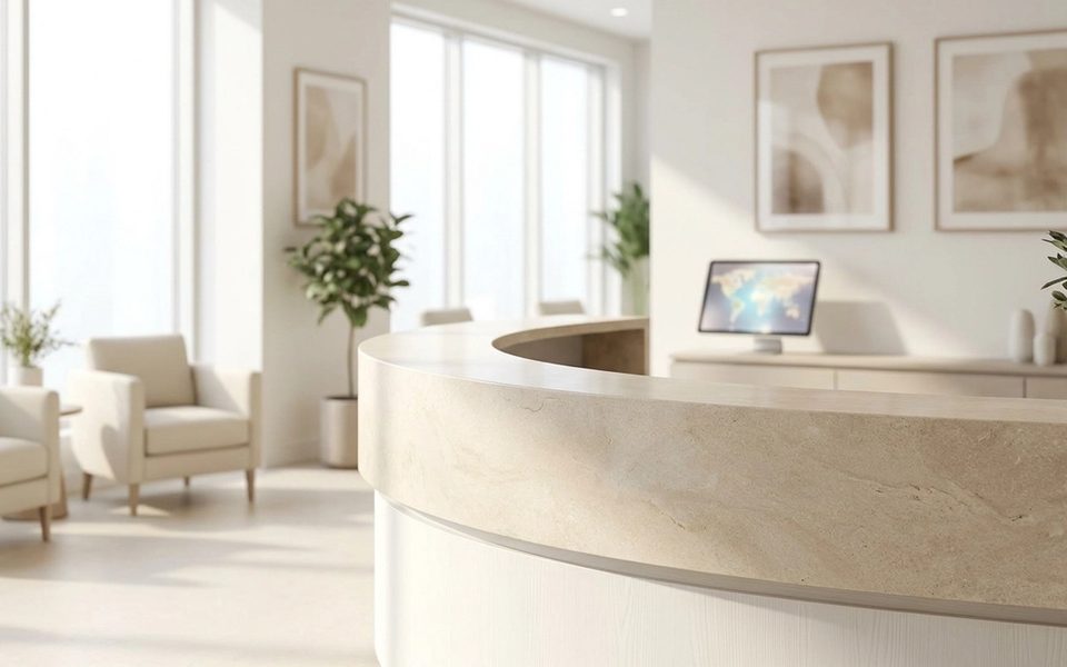 Clean modern MedSpa reception desk with a tablet showing a map interface in the background