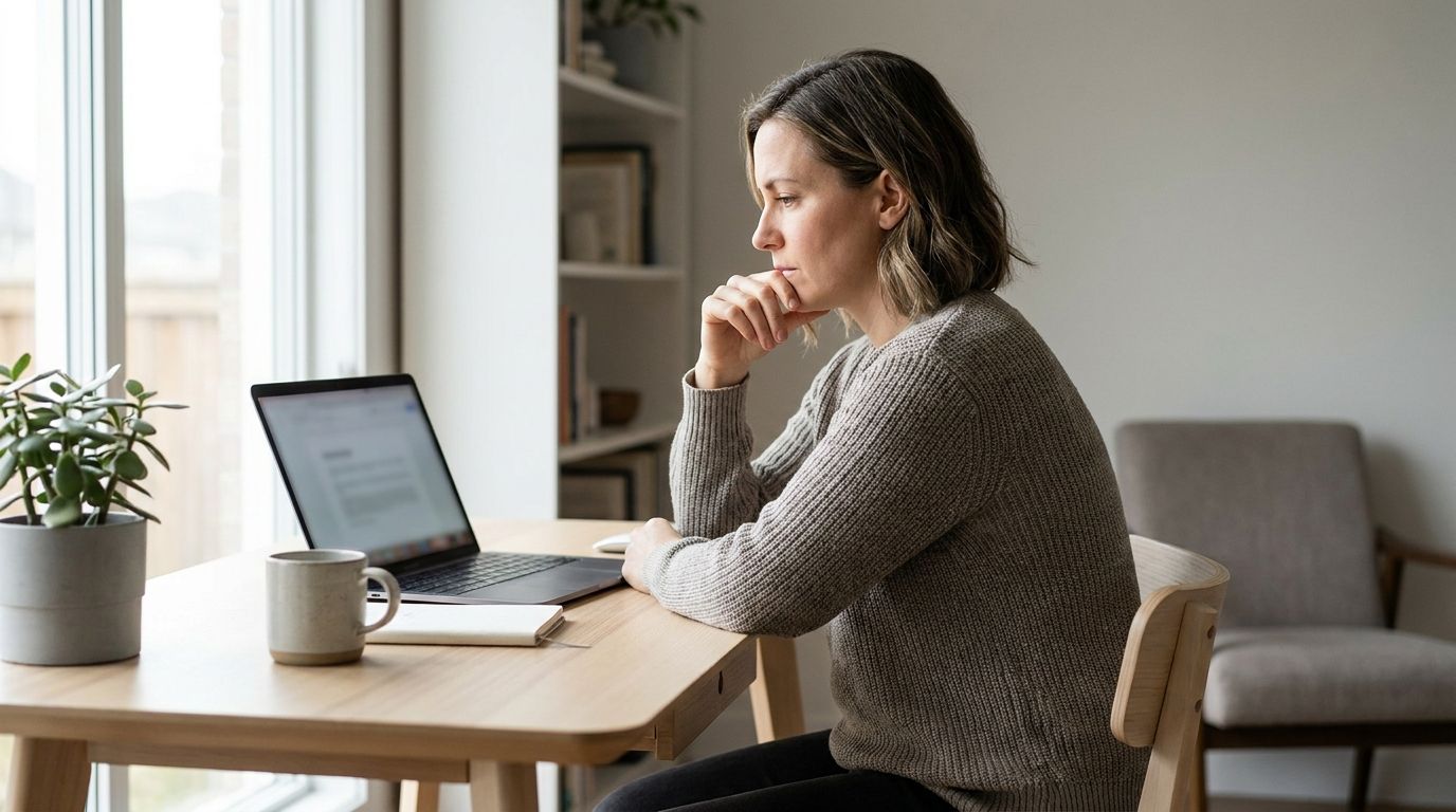 Solo SaaS founder at a home office desk thinking through whether to hire a developer for their MVP