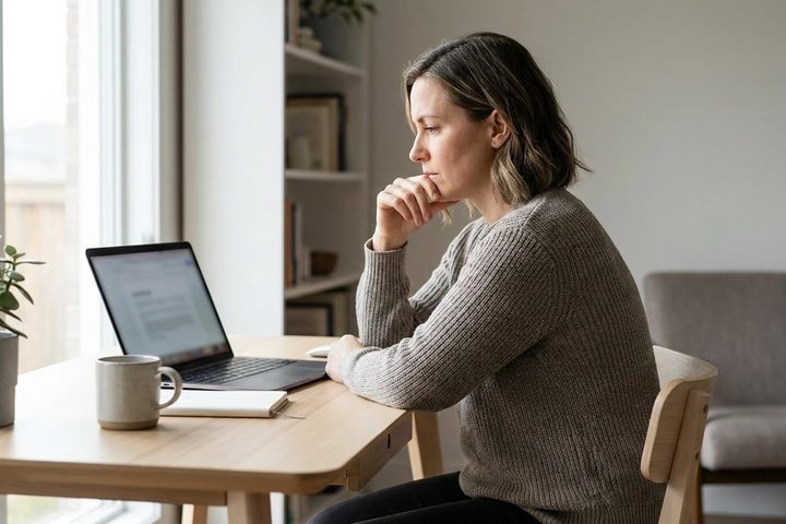 Solo SaaS founder at a home office desk thinking through whether to hire a developer for their MVP