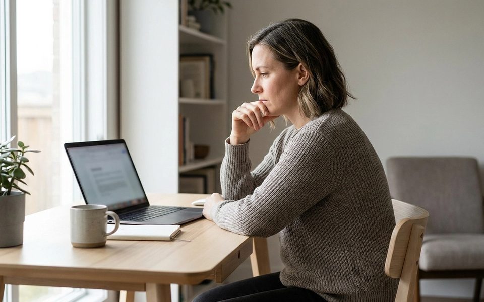 Solo SaaS founder at a home office desk thinking through whether to hire a developer for their MVP