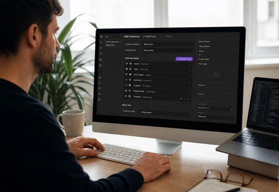 Webflow Designer interface on a monitor with a CMS collection panel visible