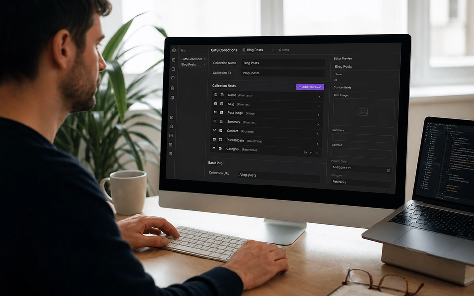 Webflow Designer interface on a monitor with a CMS collection panel visible