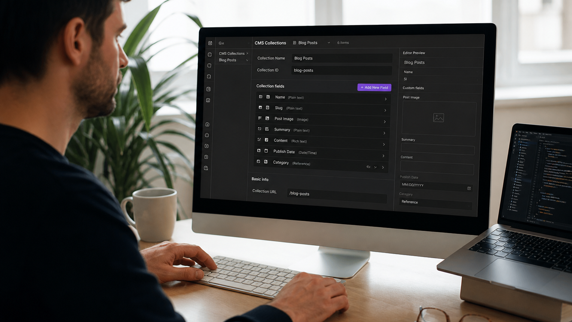 Webflow Designer interface on a monitor with a CMS collection panel visible