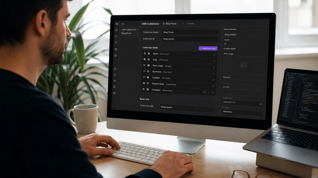 Webflow Designer interface on a monitor with a CMS collection panel visible