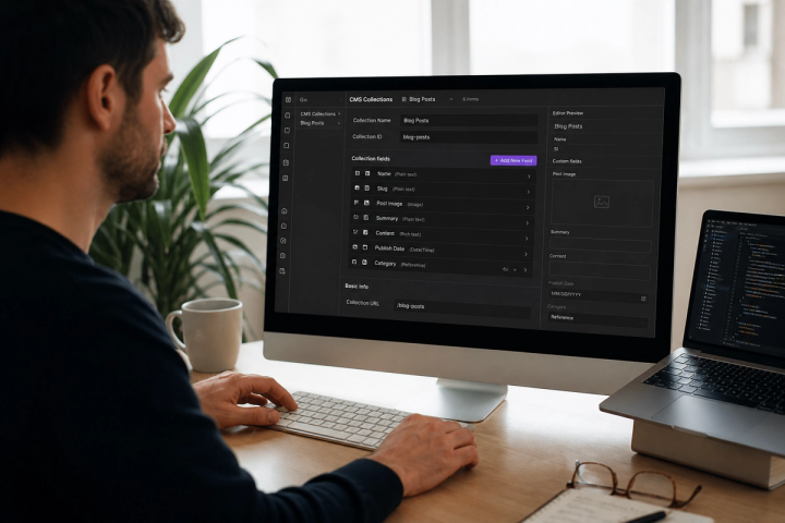 Webflow Designer interface on a monitor with a CMS collection panel visible