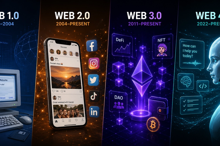 Timeline illustration showing the internet's evolution from Web 1.0 through Web 4.0 and into the emerging Web 5.0