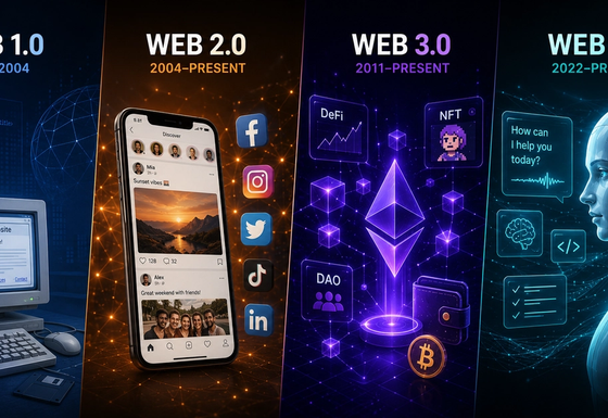Timeline illustration showing the internet's evolution from Web 1.0 through Web 4.0 and into the emerging Web 5.0