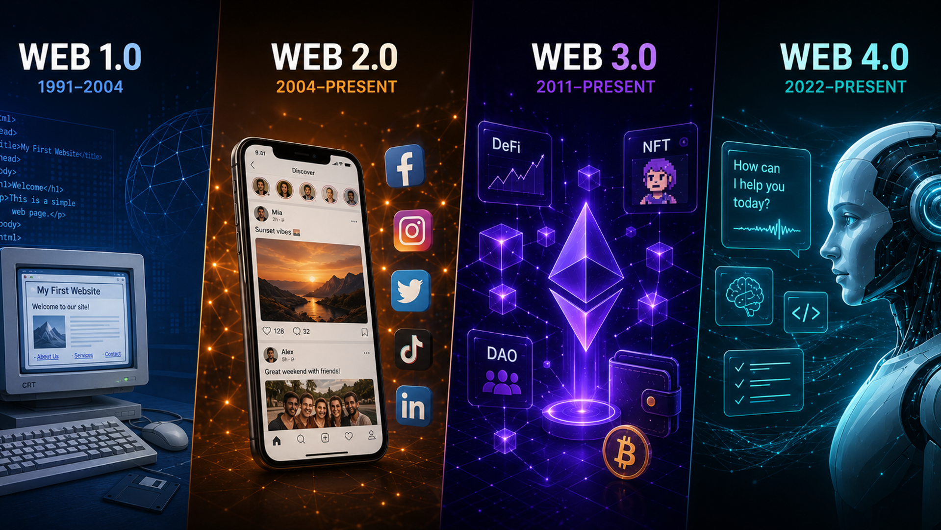 Timeline illustration showing the internet's evolution from Web 1.0 through Web 4.0 and into the emerging Web 5.0