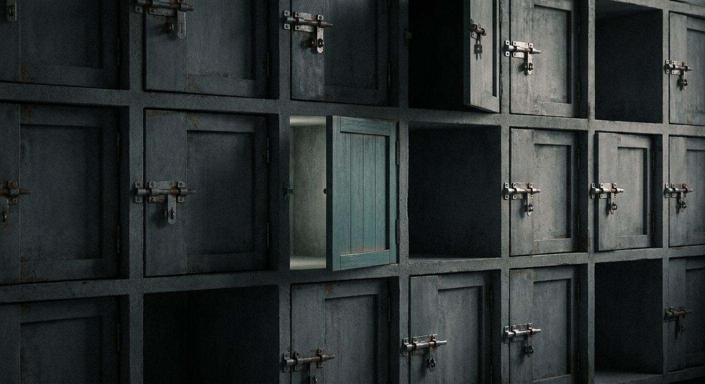 Abstract dark grid of locked and unlocked compartments suggesting database row access control
