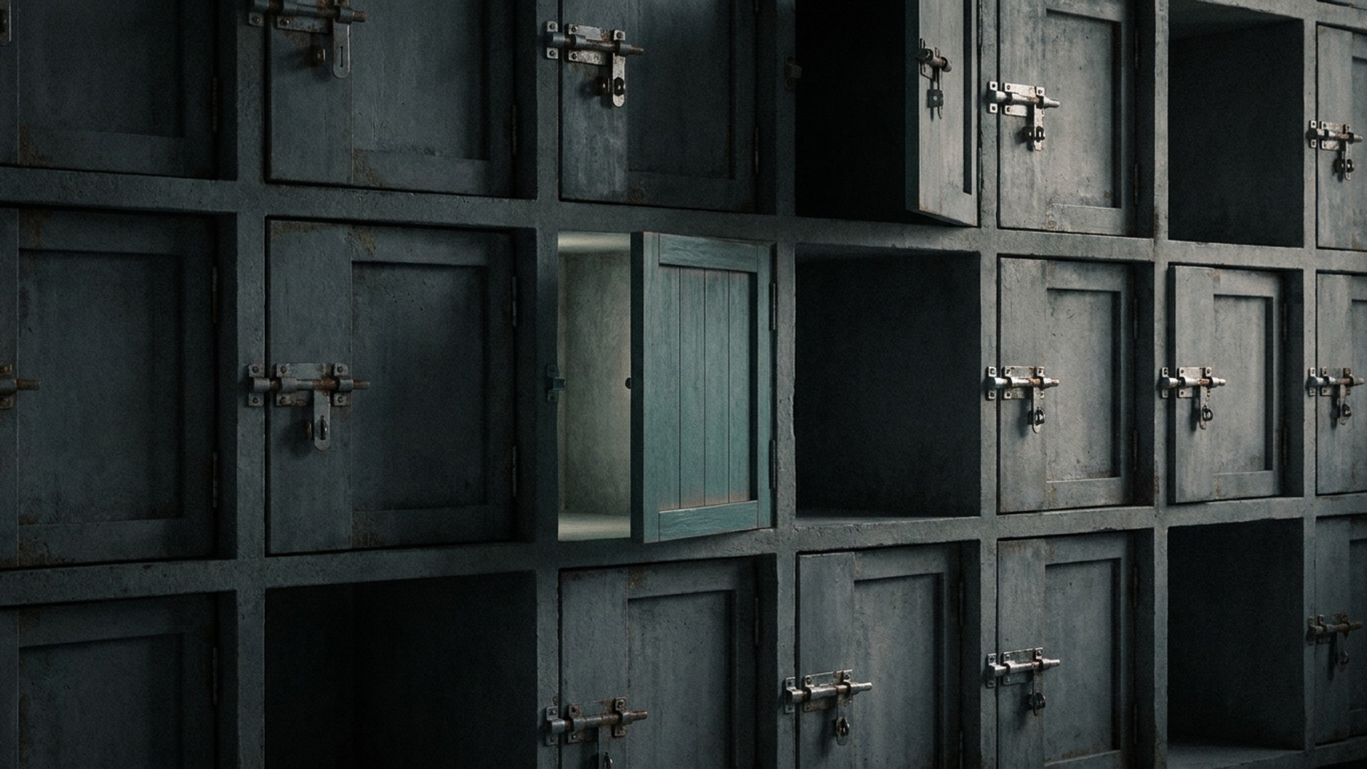 Abstract dark grid of locked and unlocked compartments suggesting database row access control