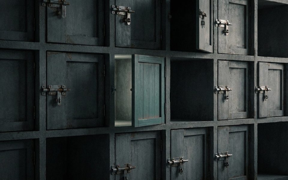 Abstract dark grid of locked and unlocked compartments suggesting database row access control
