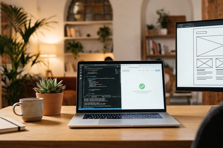 A developer workspace showing a code editor and browser preview with a passing test indicator